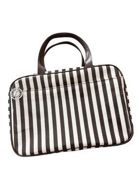 Henri Bendel Brown White Stripe Makeup Toiletry Hanging Bag Case Travel Iconic